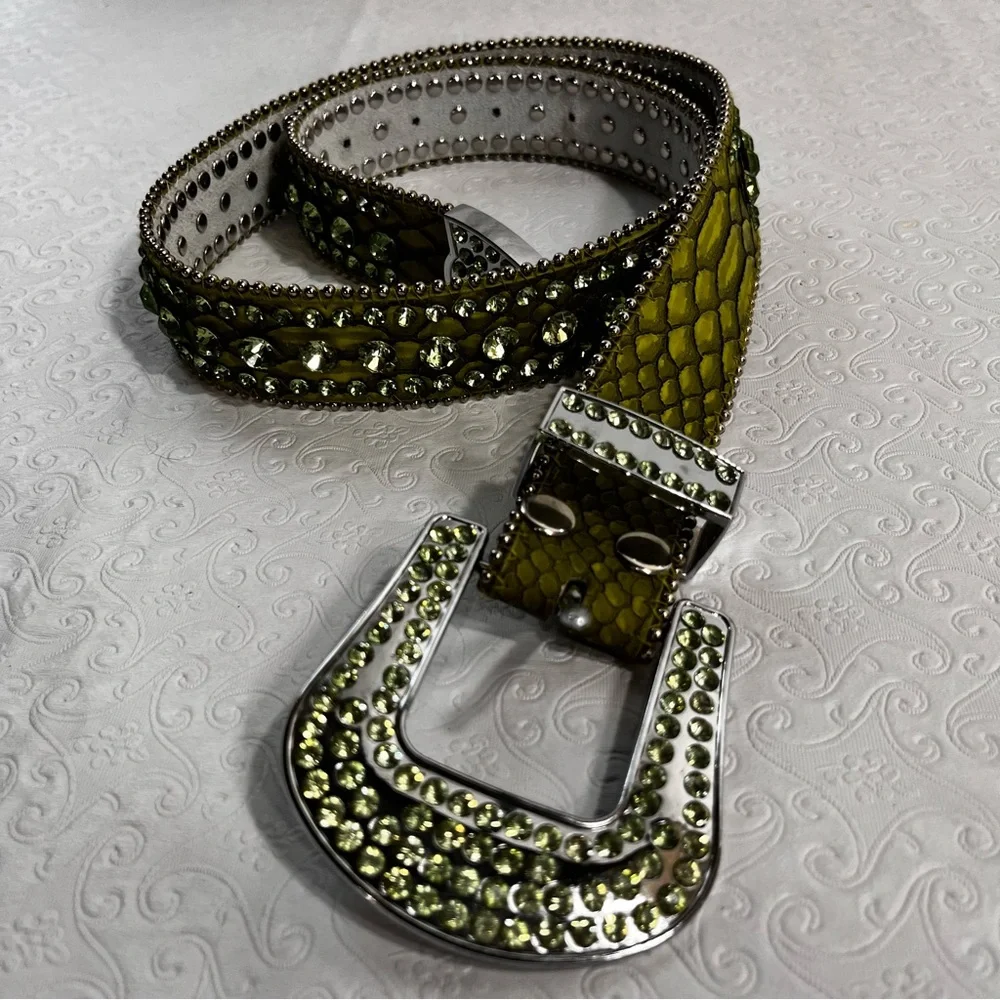 Genuine Leather Rhinestone Belt Western Cowgirl Green Sparkly Bling Belt Small M